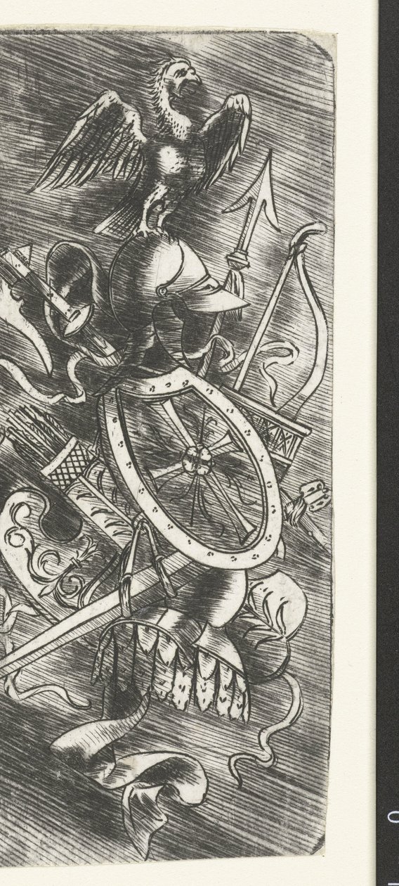 Aquila sopra trofei di armi tra cui varie armi da Meester van 1515