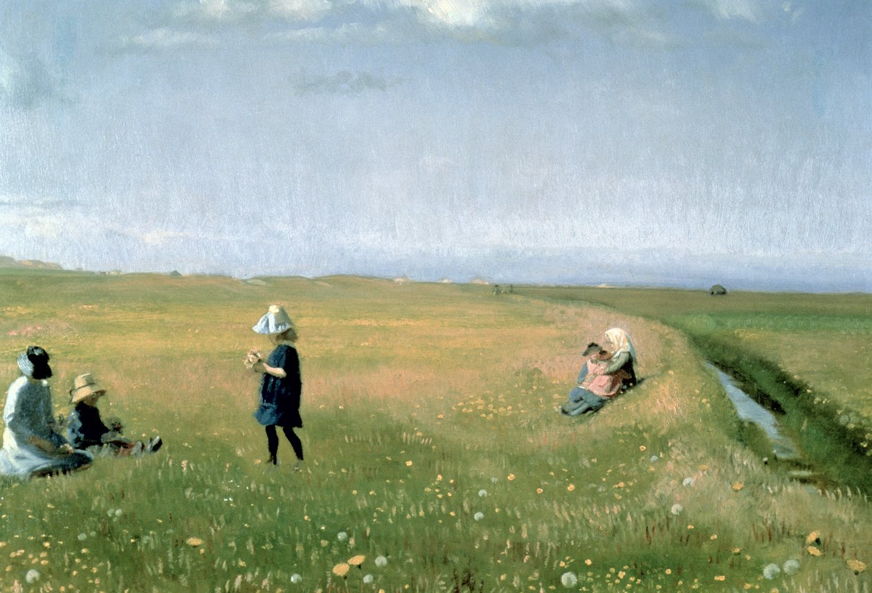 Bambini e Ragazze che raccolgono Fiori in un prato a nord di Skagen da Michael Peter Ancher