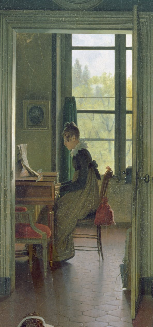 Interno di una sala da pranzo, dettaglio di una donna che suona il piano nella stanza accanto, 1816 (dettaglio) da Michel Martin Drolling