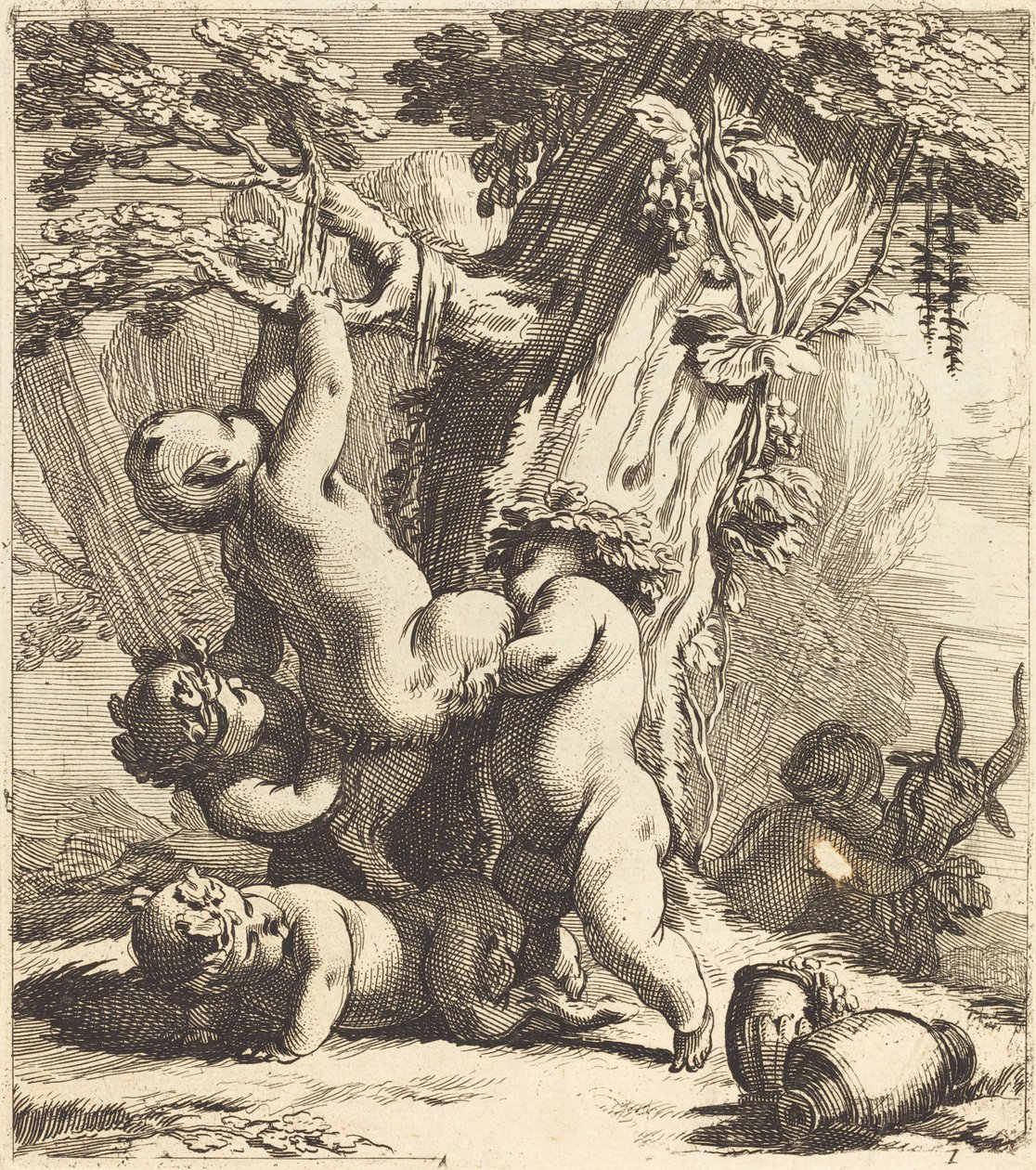 Putti e fauni che scalano una vite da Michel Dorigny