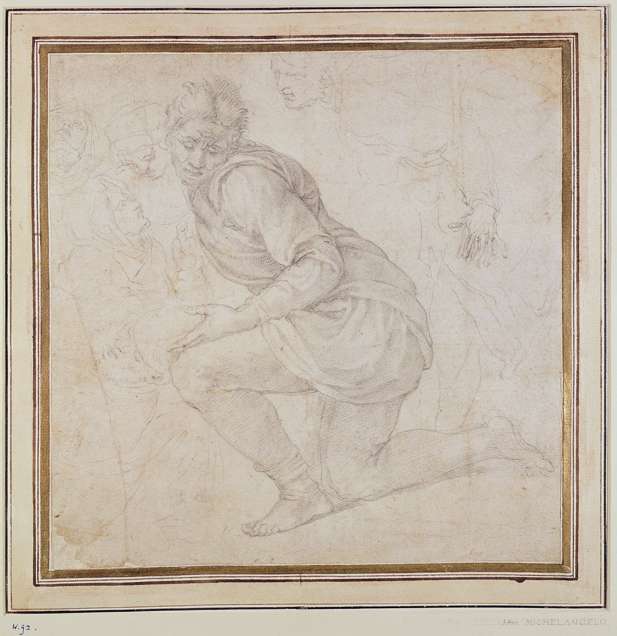Inv. 5211-75 Fawkener Recto (W.92) Uomo inginocchiato (disegno) da Michelangelo Buonarroti