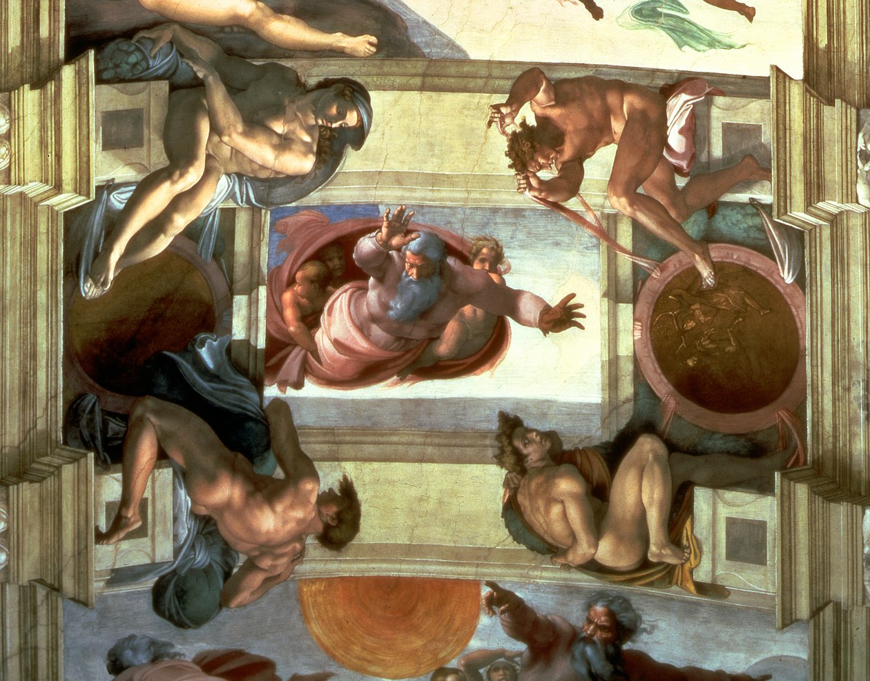 Soffitto della Cappella Sistina: Dio separa la terra dal mare, con quattro Ignudi, 1510 (post restauro) da Michelangelo Buonarroti