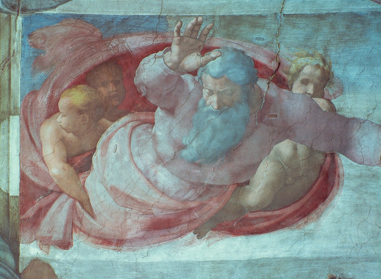 Cappella Sistina: Dio Divide le Acque e la Terra (pre restauro) (dettaglio) da Michelangelo Buonarroti