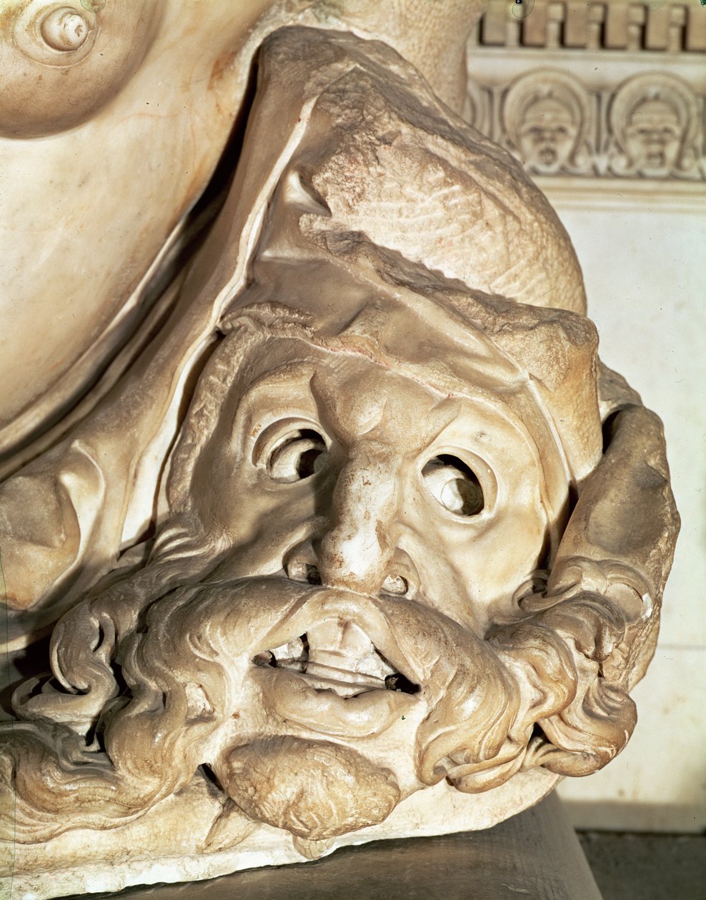 La Tomba di Giuliano de Medici 1478-1516 (dettaglio della maschera tragica sotto il braccio della Notte), 1520-34 da Michelangelo Buonarroti