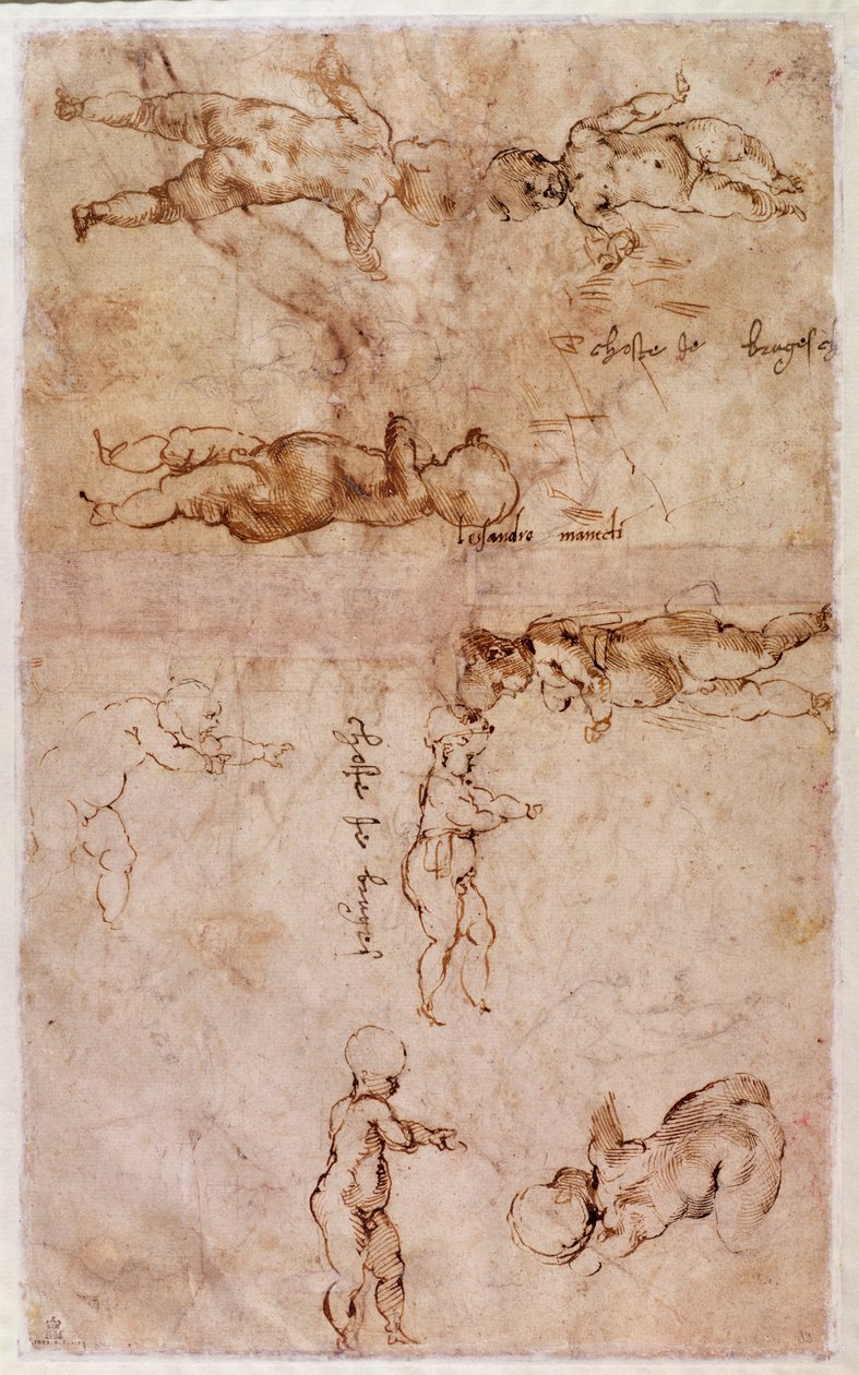 Pagina di schizzi di bambini o cherubini da Michelangelo Buonarroti