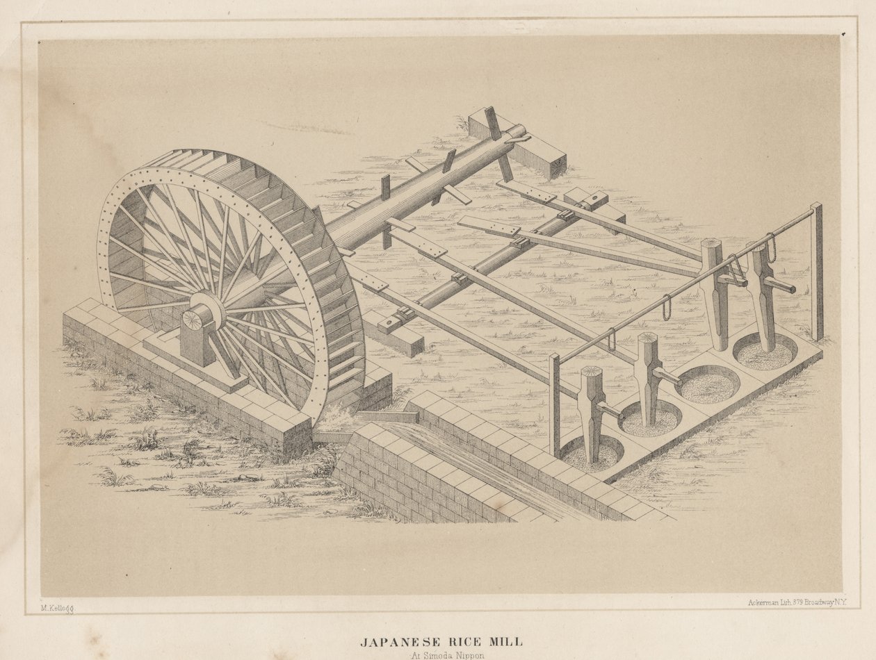 Mulino di riso giapponese a Simoda Nippon, 1855 da Miner Kilbourne Kellogg