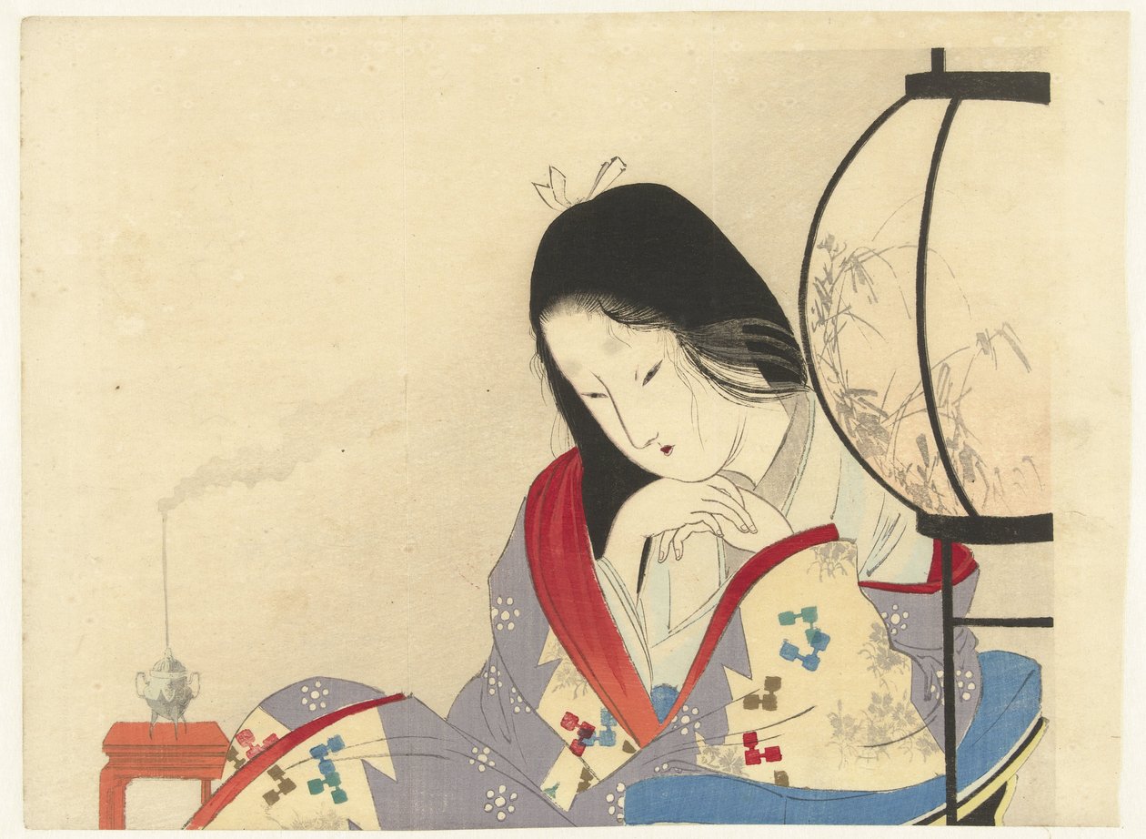 Donna vicino a una lampada in un interno da Mizuno Toshikata