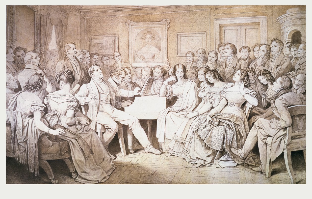 Una serata a casa del barone von Spaun: Schubert al pianoforte tra i suoi amici, incluso il baritono operistico Johann Vogl (1768-1840) da Moritz Ludwig von Schwind