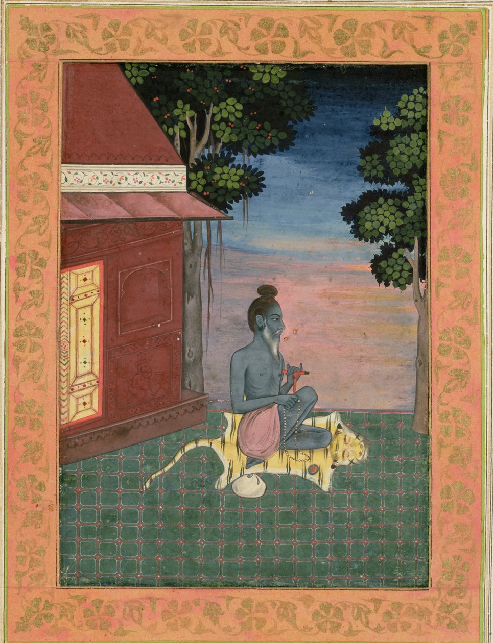 Asceta anziano seduto su una pelle di tigre fuori da un edificio, dal Grande Album Clive, c.1670 da Mughal School