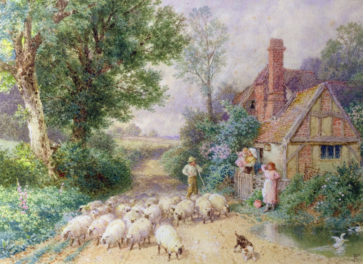 Pastore e il suo gregge che passa davanti a un cottage di campagna da Myles Birket Foster