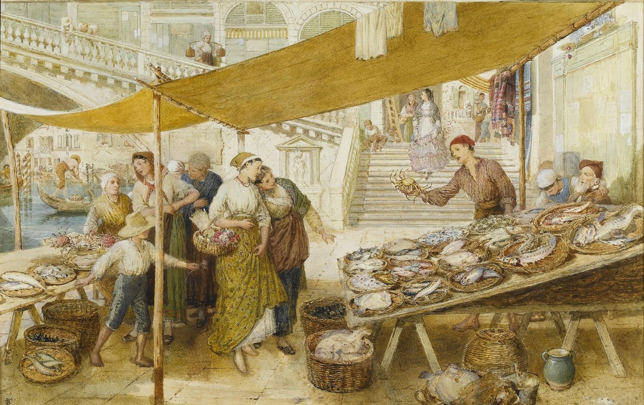 Il mercato del pesce sui gradini del Ponte di Rialto da Myles Birket Foster