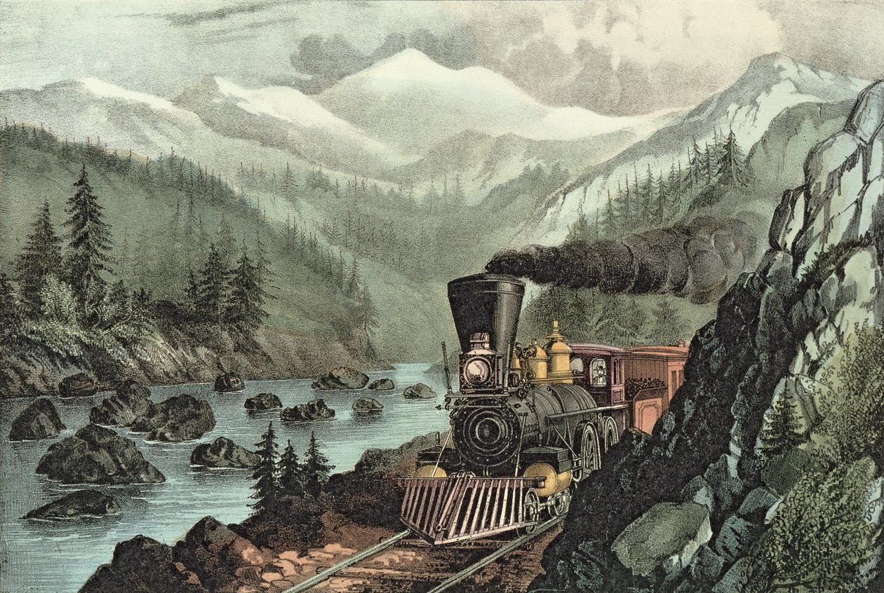 La Rotta per la California. Fiume Truckee, Sierra Nevada. Ferrovia del Pacifico Centrale, 1871 da N. and Ives, J.M. Currier