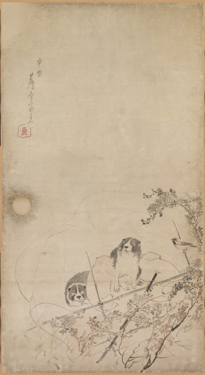 Cuccioli, Passeri e Crisantemi da Nagasawa Rosetsu