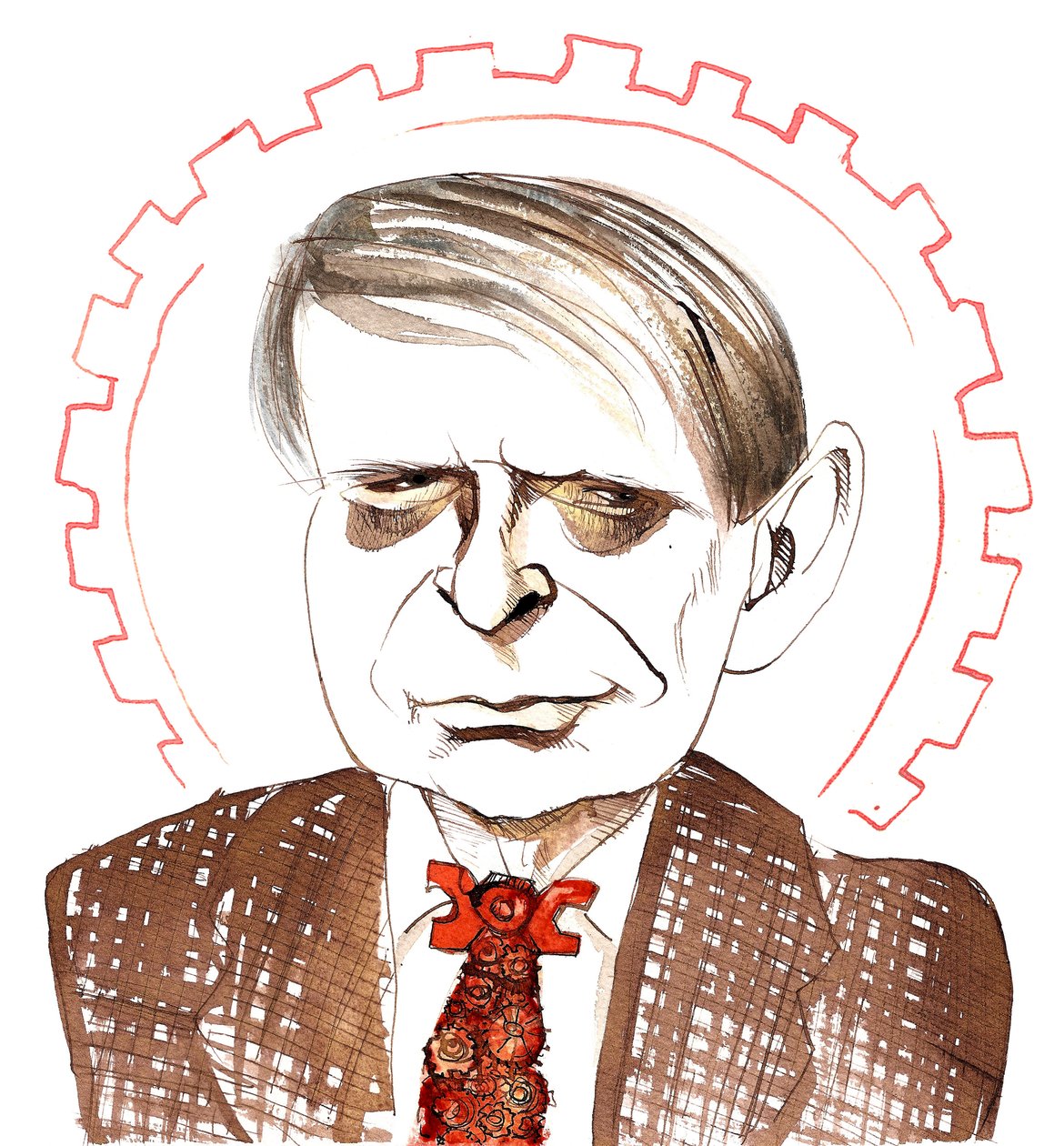 Anthony Burgess, romanziere, critico, poeta, drammaturgo, traduttore e compositore inglese; caricatura con cravatta a orologio arancione, in riferimento alla sua novella A Clockwork Orange (1962) da Neale Osborne