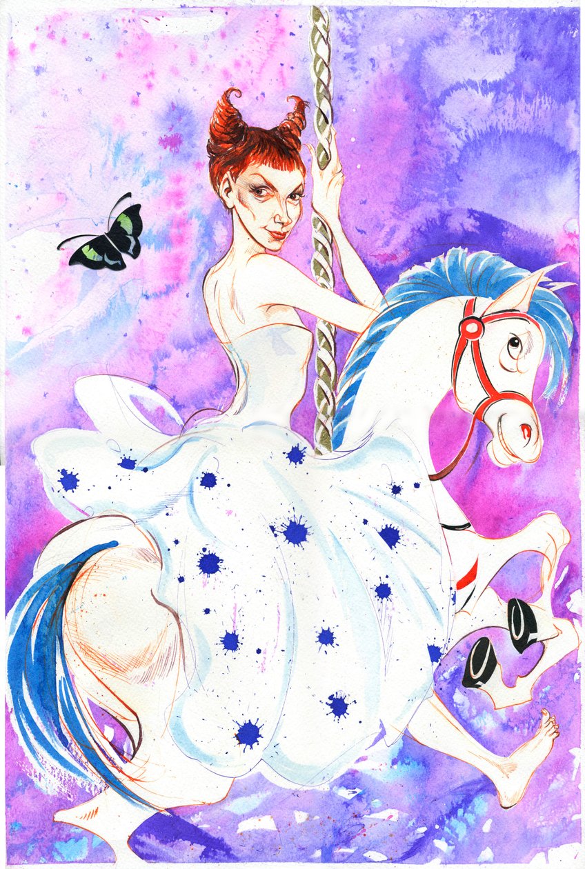 Patricia Petibon - caricatura del soprano francese su un cavallo da giostra da Neale Osborne