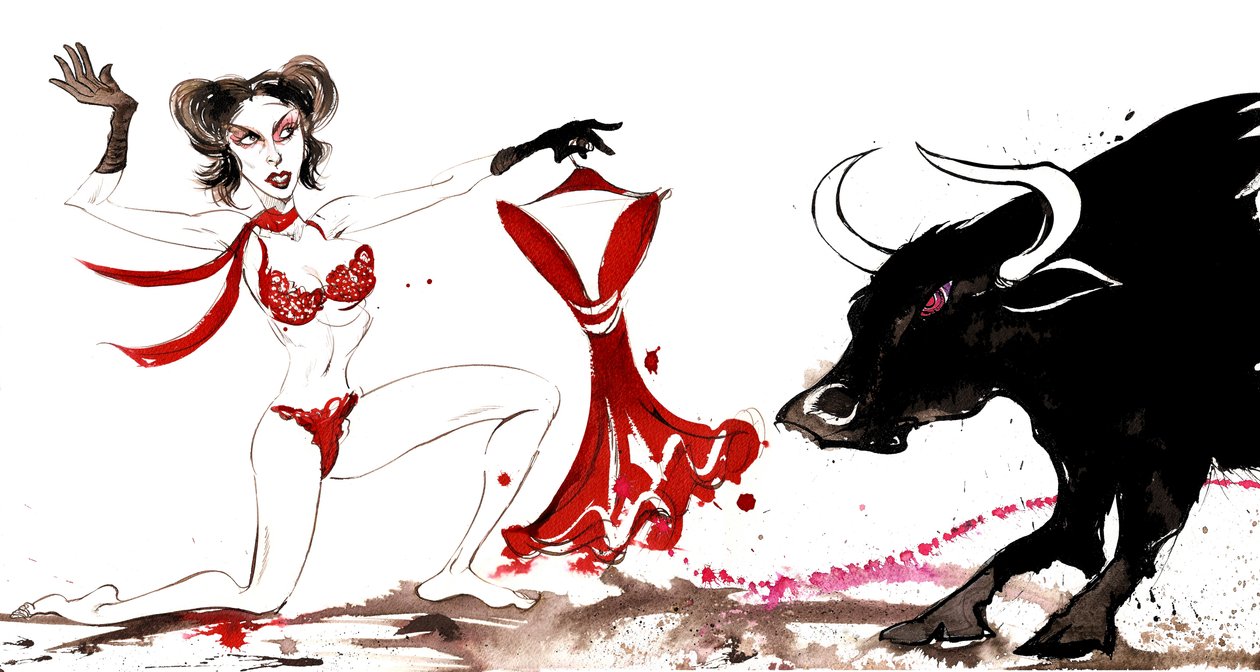 Segni dello Zodiaco: Toro torero da una serie di caricature di moda, uno per ogni segno dello zodiaco da Neale Osborne