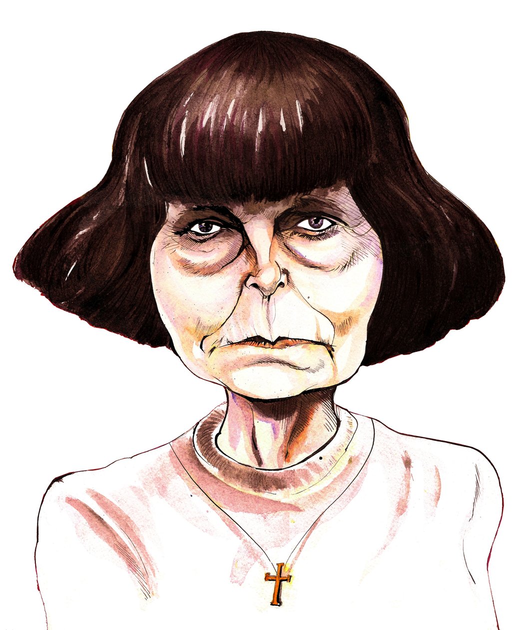 Sofia Gubaidulina, compositrice russa, caricatura a inchiostro a colori da Neale Osborne