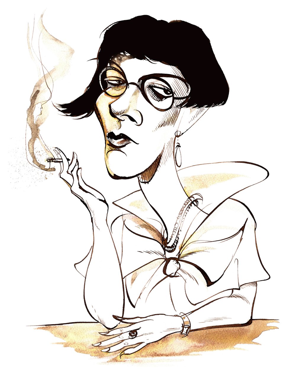 Sylvia Townsend Warner - caricatura con sigaretta da Neale Osborne