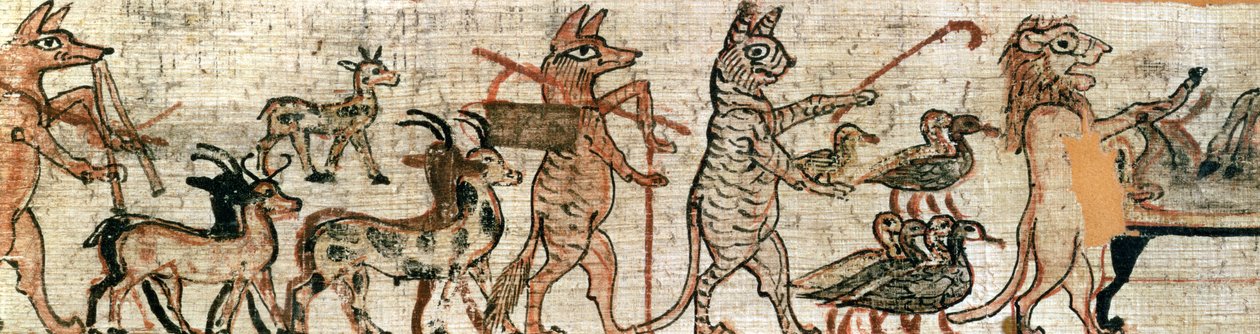 Il Papiro Satirico, dettaglio della parte destra con un gatto che raduna oche e un leone che mummifica un asino, da Tebe, c.1100 a.C. da New Kingdom Egyptian