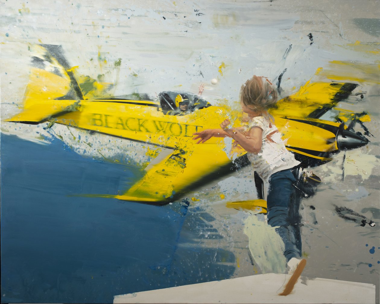 Aereo che lancia palline, 2022 (olio su tela) da Nicola Pucci