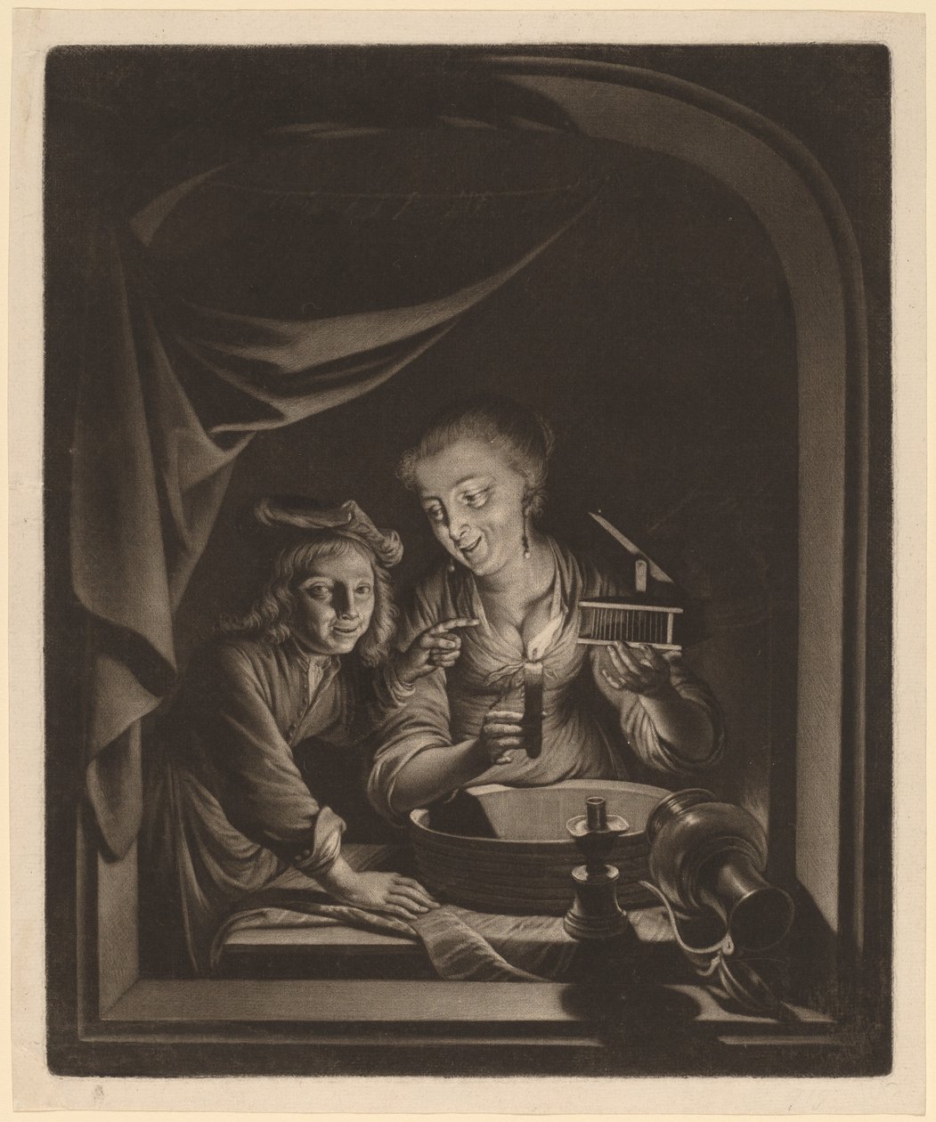 Cameriera con una trappola per topi da Nicolaas Verkolje after Gerrit Dou