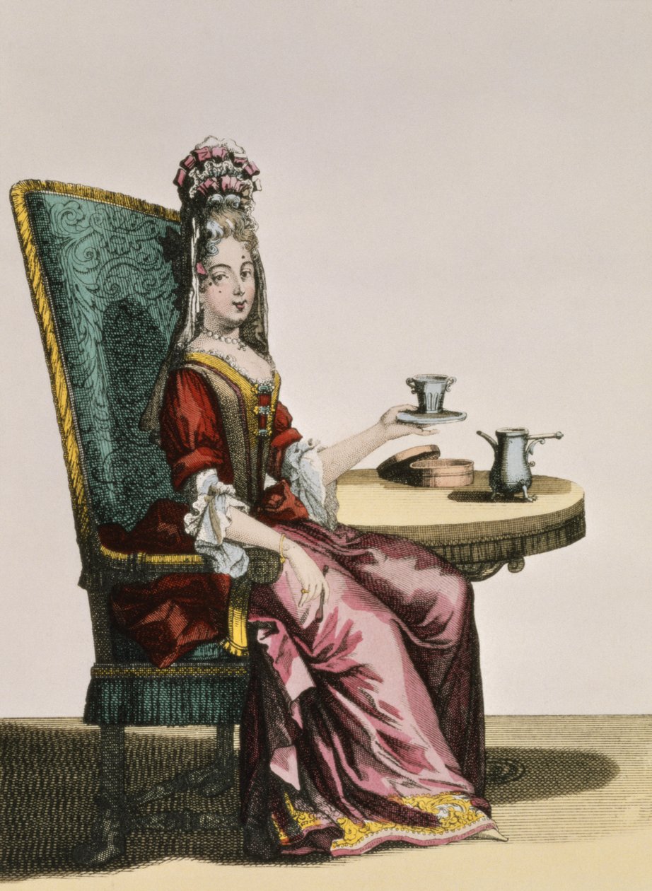 Signora che prende il caffè, tavola di moda, c.1695 da Nicolas Bonnart