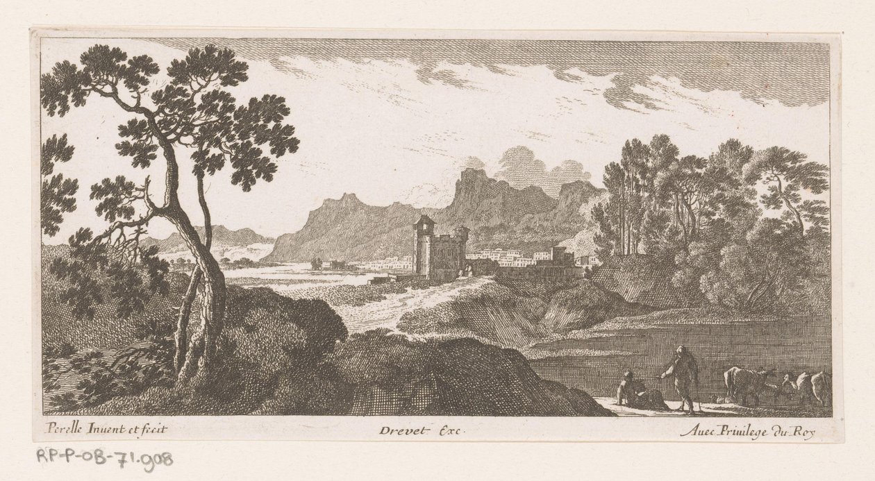 Paesaggio con pastori vicino a mucche che bevono da Nicolas Perelle