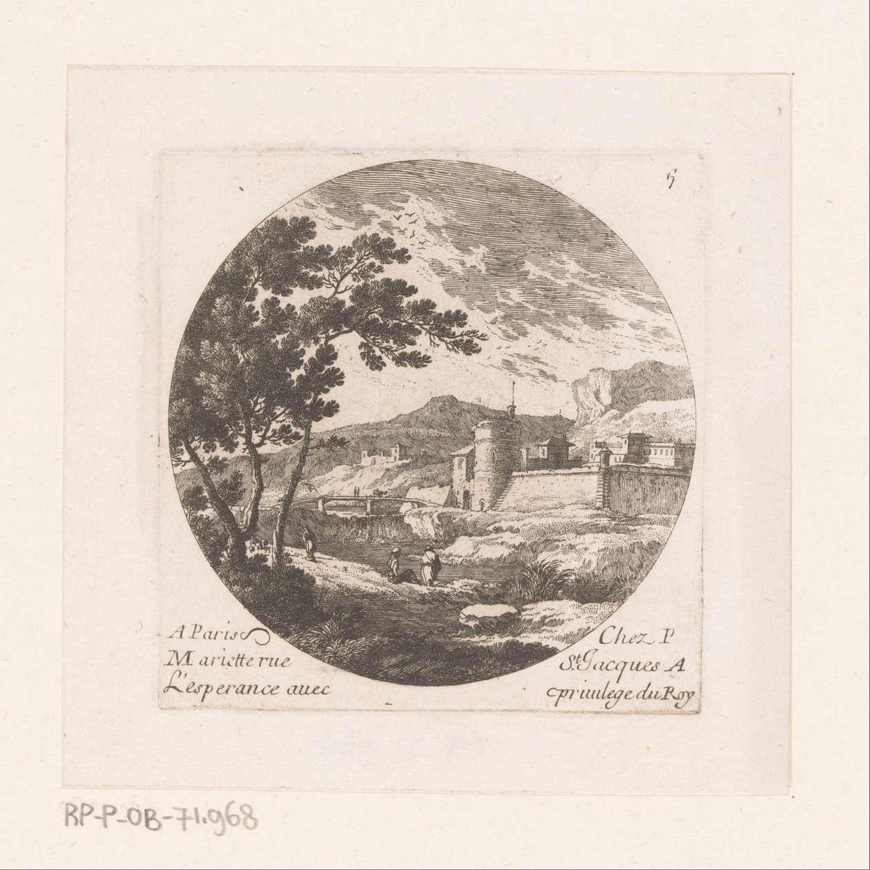 Città fortificata e figure vicino a un albero da Nicolas Perelle