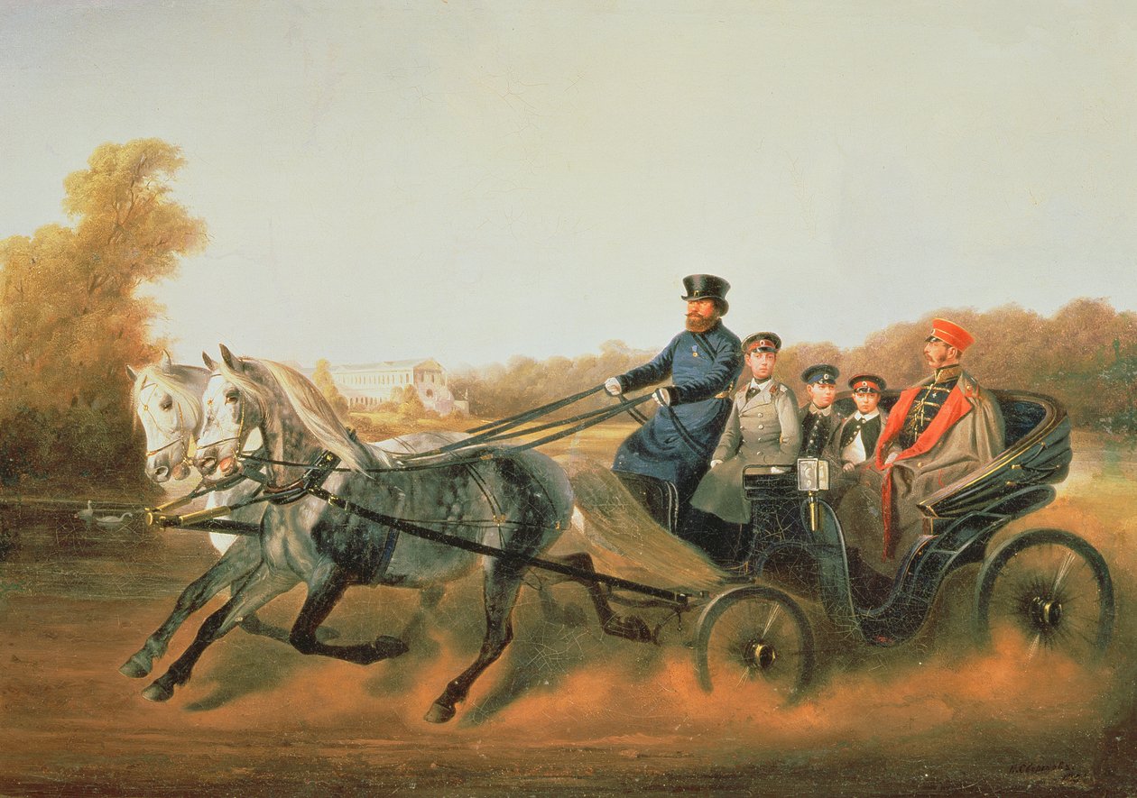 Lo zar Alessandro II in carrozza con i suoi figli a Zarskoje Selo, anni 1850 da Nikolai Egorevich Sverchkov
