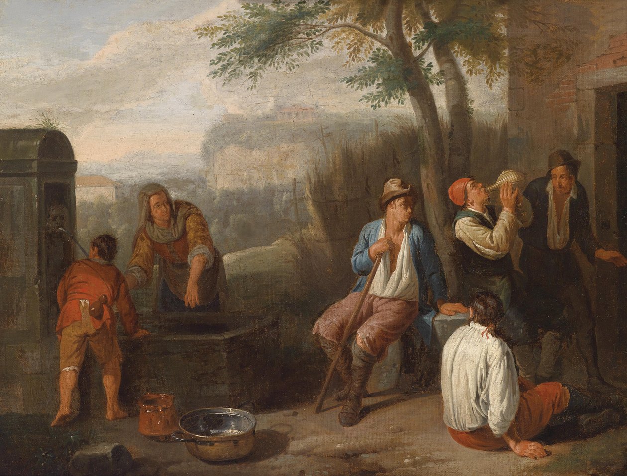 Paesaggio meridionale con contadini che bevono a un pozzo da Norbert van Bloemen
