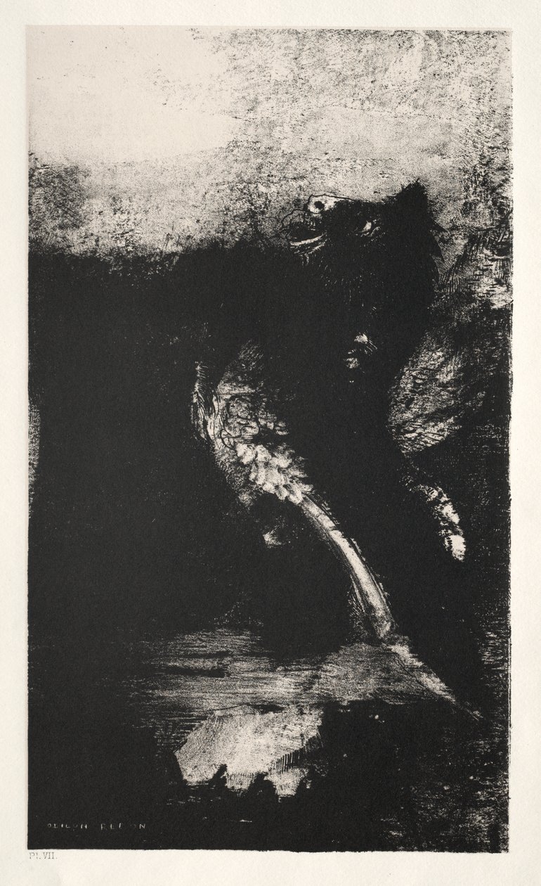 La chimera dagli occhi verdi si gira, abbaia da Odilon Redon