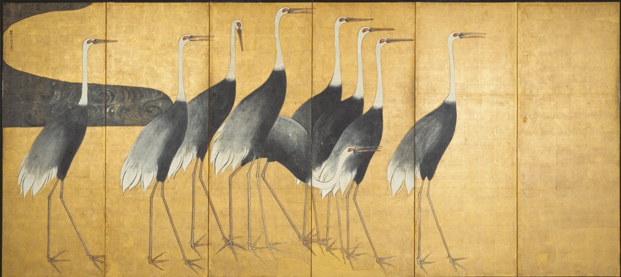 Schermo a sei pannelli raffigurante Gru, Periodo Edo da Ogata Korin