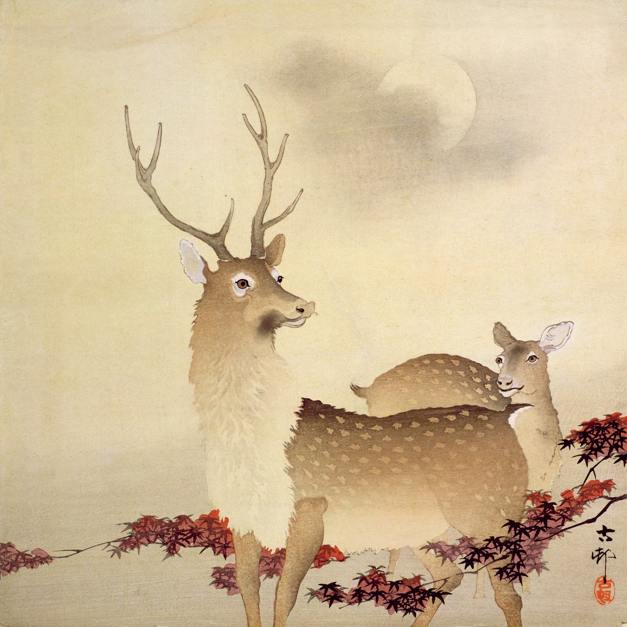 Un cervo e il suo piccolo sotto la luna da Ohara Koson