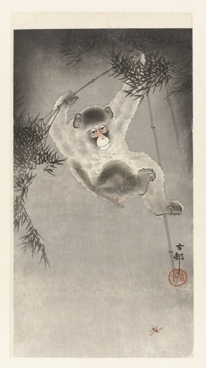 Scimmia appesa a un ramo di bambù da Ohara Koson