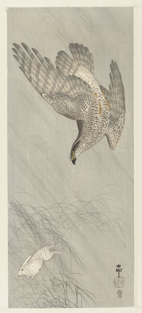 Falco che caccia una lepre da Ohara Koson