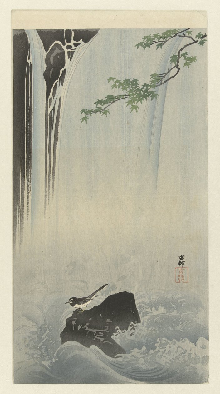 Ballerina giapponese presso una cascata da Ohara Koson
