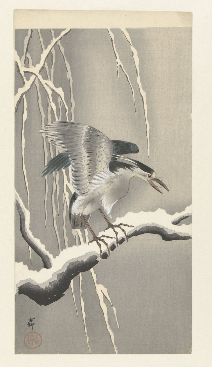 Airone su ramo innevato da Ohara Koson