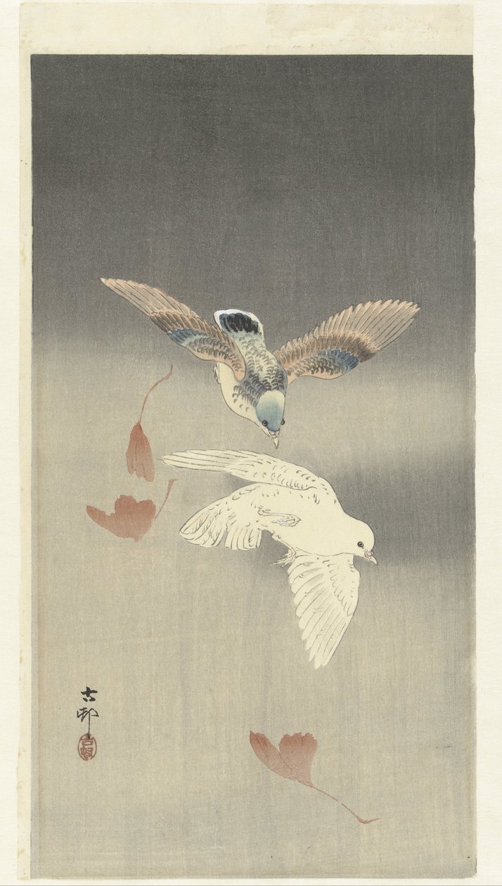Due colombe con foglie di ginkgo cadenti da Ohara Koson
