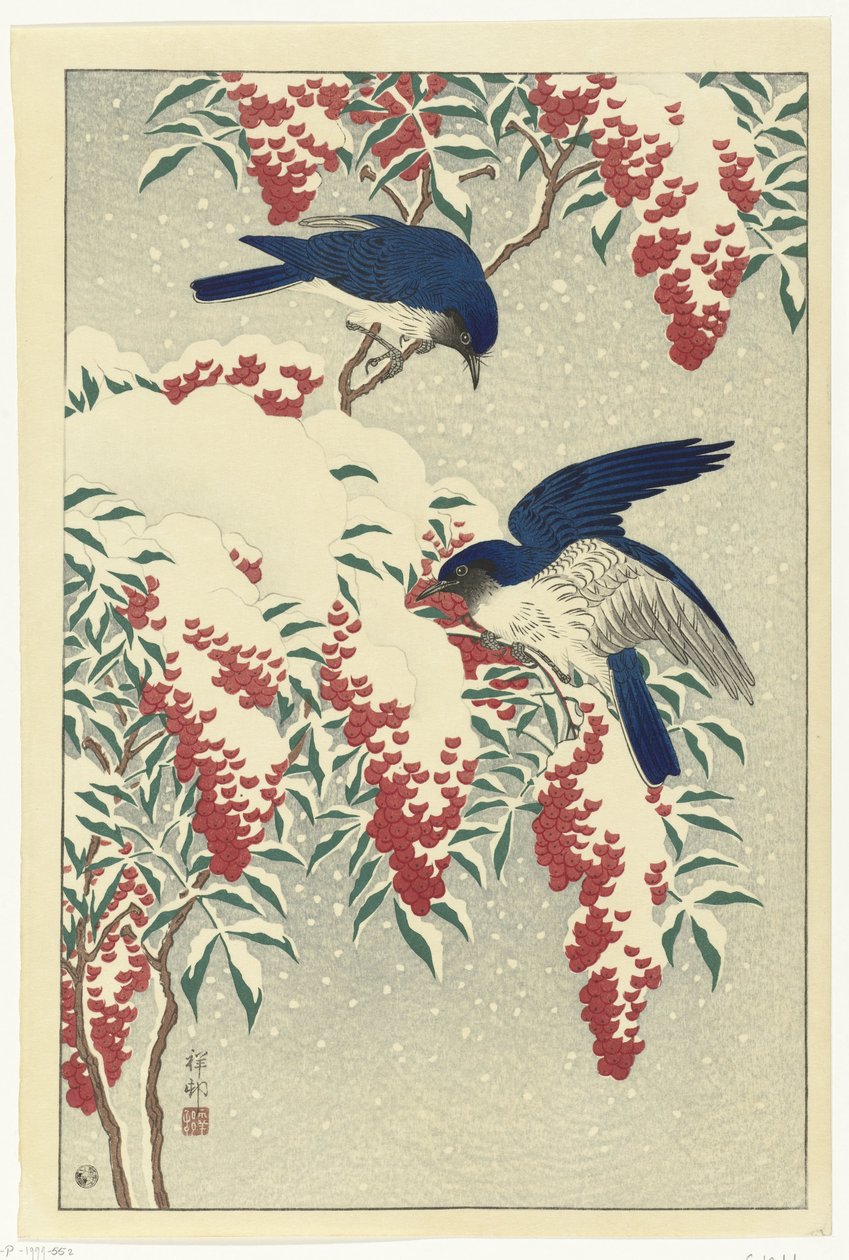 Acchiappamosche su un cespuglio di nandina da Ohara Koson