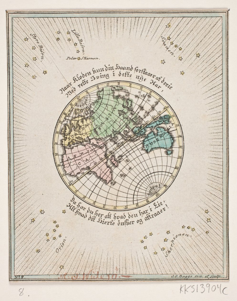 Mappa del mondo con poesie da Oluf Olufsen Bagge
