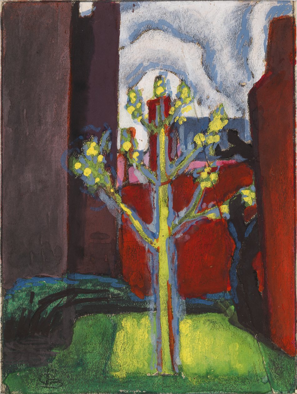 Giovane albero nel cortile rosso, 1919 da Oscar Bluemner