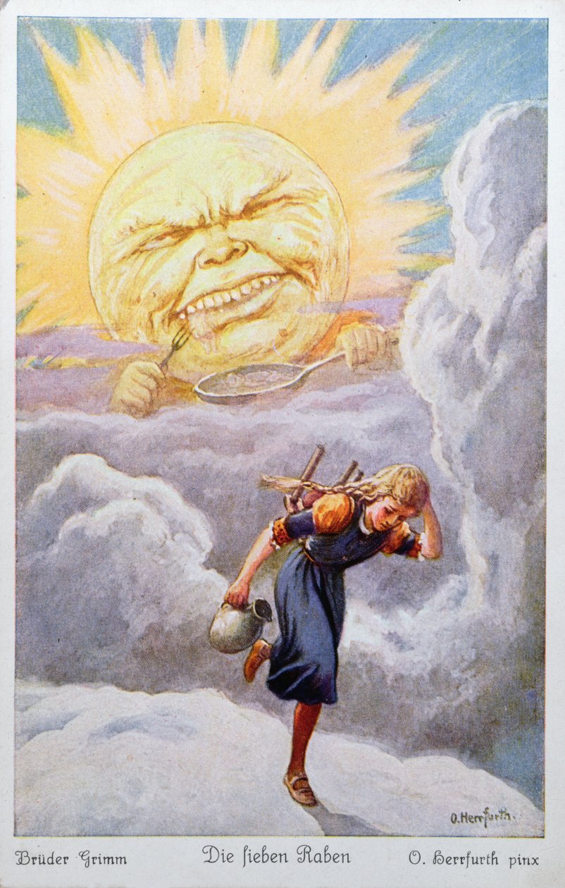 La giovane ragazza nel suo viaggio per salvare i suoi fratelli, fugge dal calore estremo del sole, che minaccia di cucinarla e mangiarla, illustrazione da I Sette Corvi dei Fratelli Grimm da Oskar Herrfurth