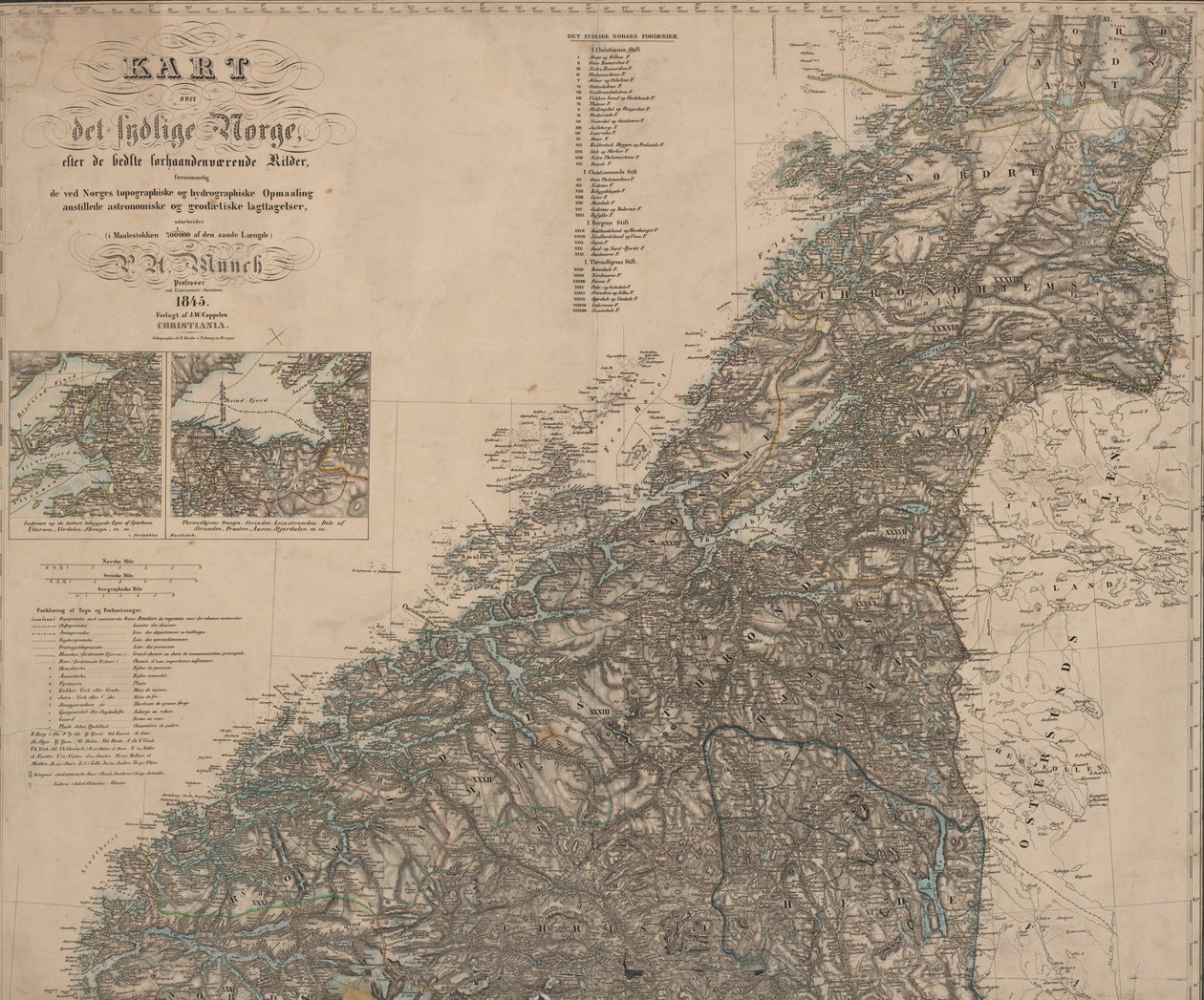 La mappa è stata pubblicata a Oslo (1845) e mostra la Norvegia meridionale da P.A. Munch