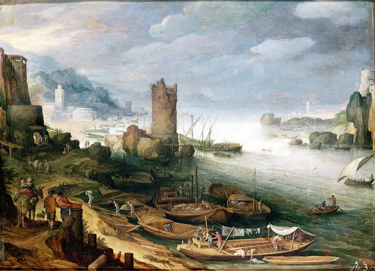 Scena fluviale con una torre in rovina da Paul Bril