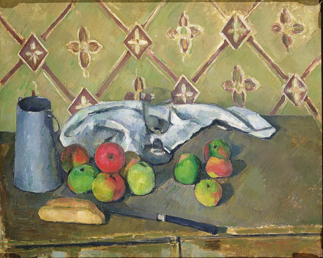 Frutta, tovagliolo e brocca di latte, c.1879-82 da Paul Cézanne