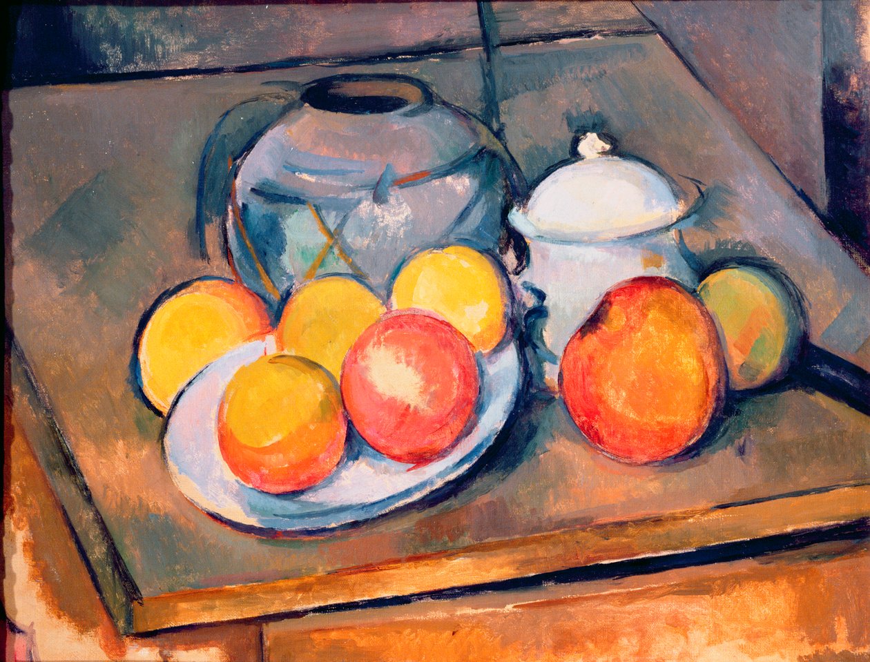 Vaso coperto di paglia, zuccheriera e mele, 1890-93 da Paul Cézanne