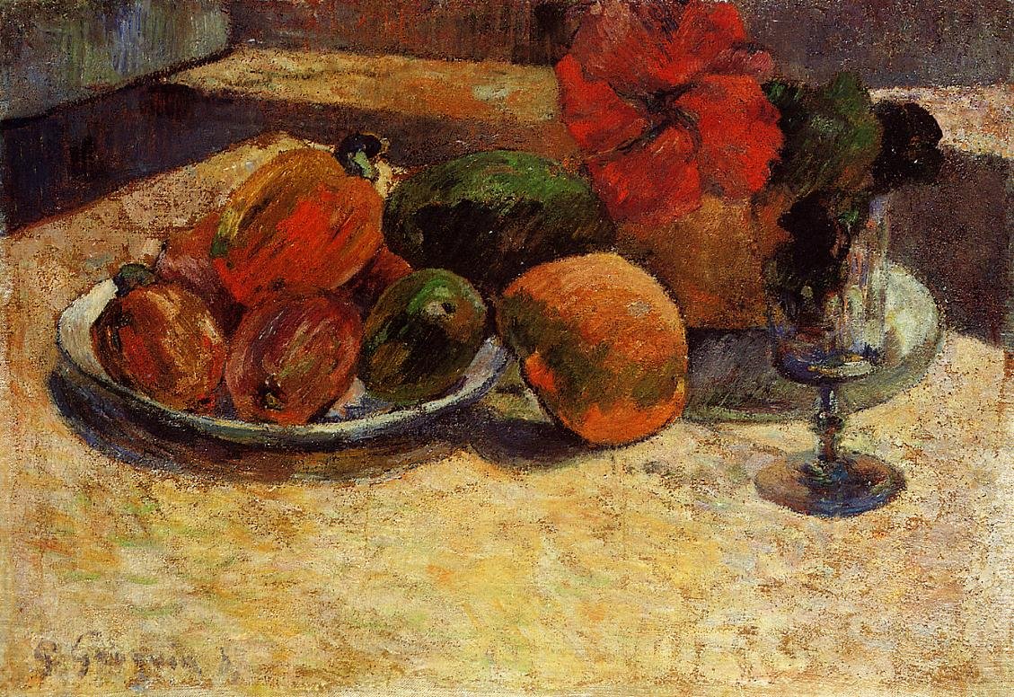 Frutti esotici con fiori rossi da Paul Gauguin