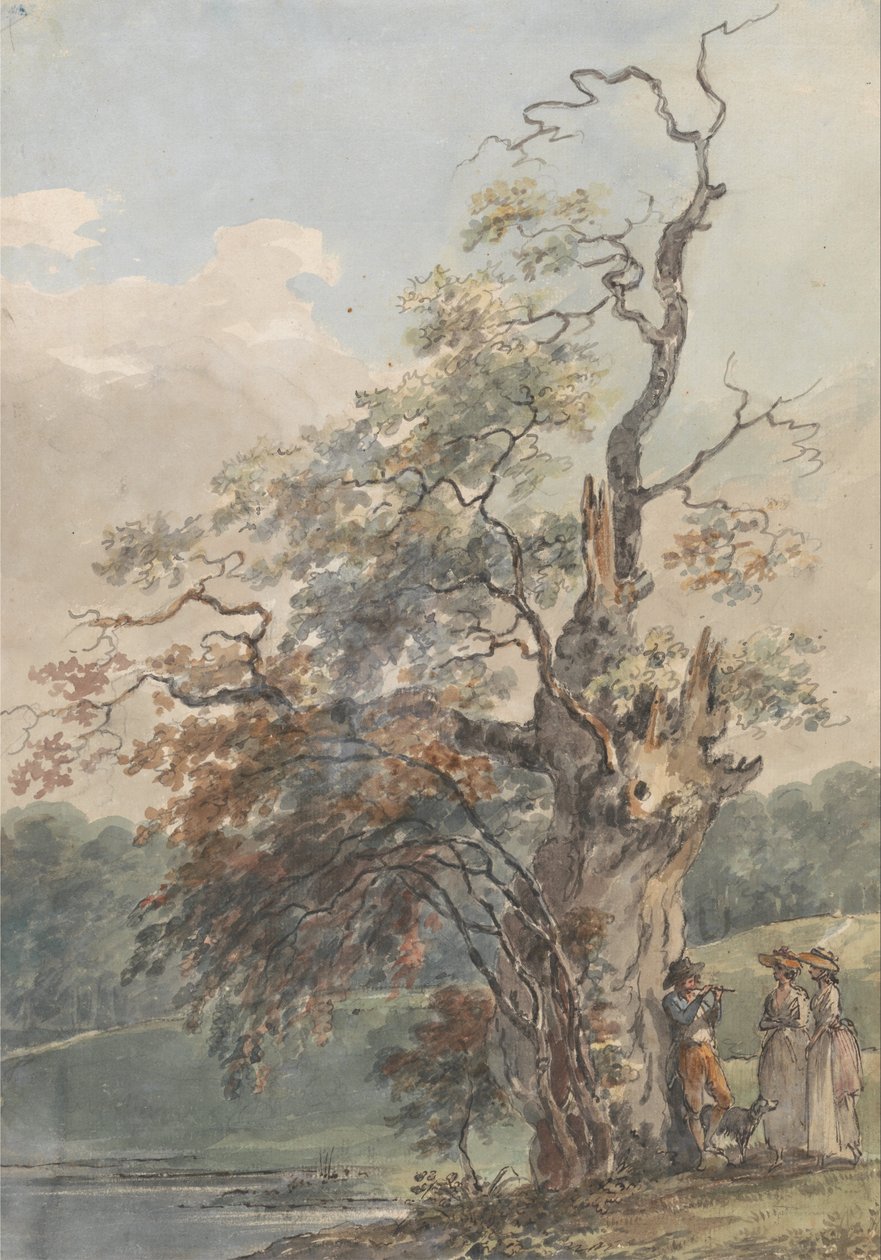 Paesaggio con un uomo che suona un flauto sotto un vecchio albero da Paul Sandby