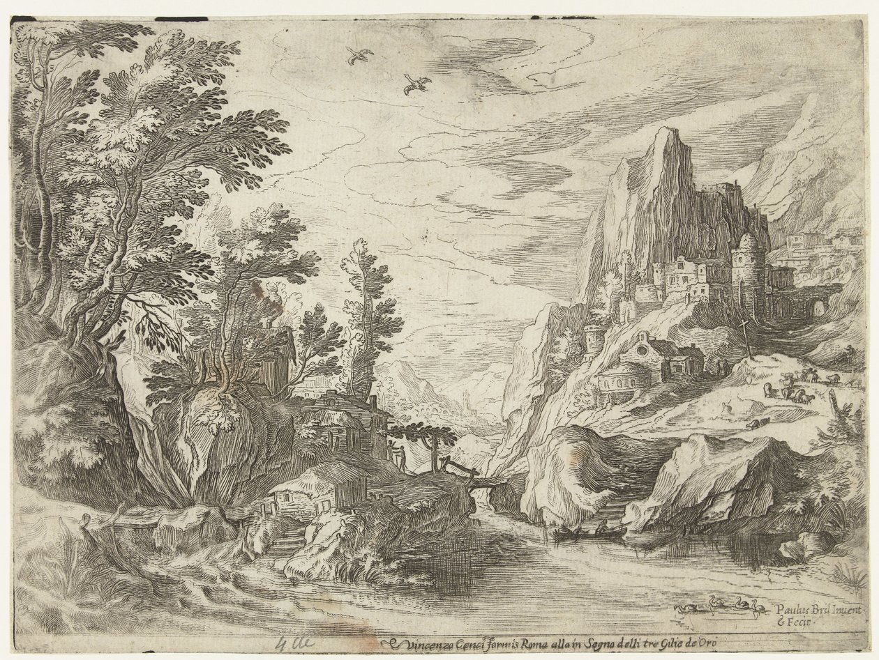 Paesaggio fluviale in Campania con città su rocce da Paul Bril