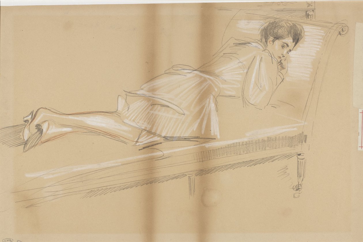 Donna sdraiata su una panca da Paul Cesar Helleu